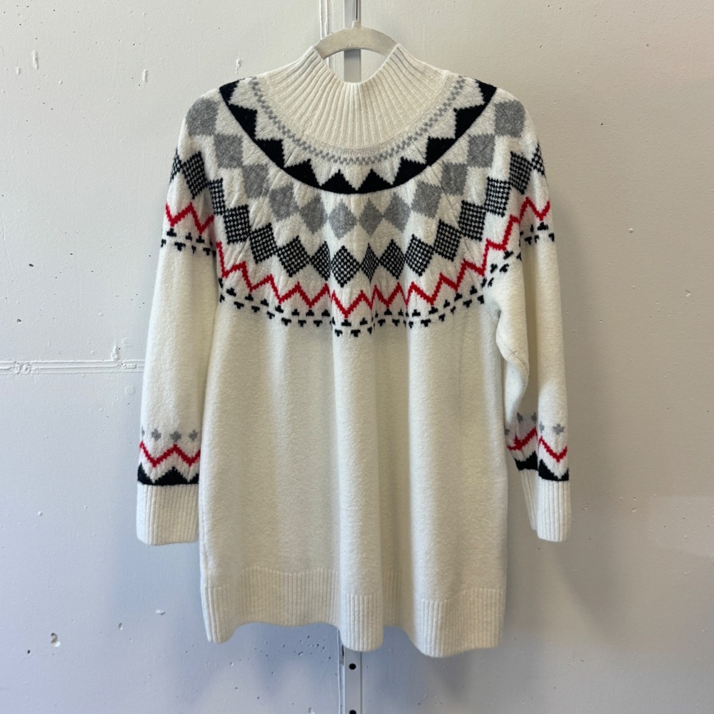 Vince Camuto Fair Isle Mock Neck Sweater‎ Ivory Black Red Geometric Yoke 2X